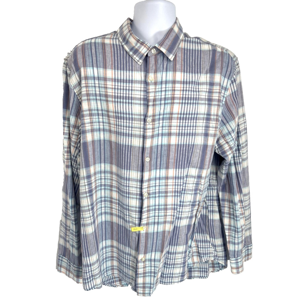 Gap Blue Madras Plaid Long Sleeve Linen Cotton Button Down Shirt Mens‎ XL Casual